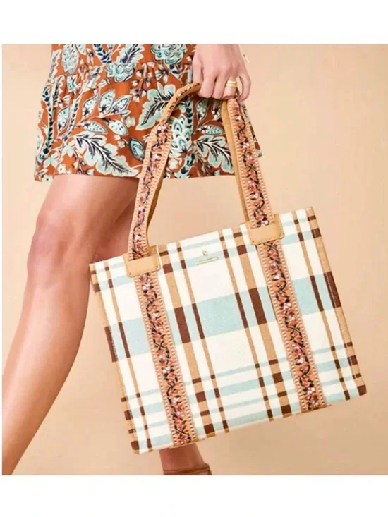 Spartina 449 Charlie Plaid Print Linen & Leather Trimmed Tote Bag - Picture 1 of 11